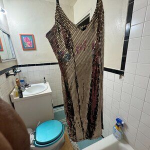 Gold Mirror Sequin No Sleeve Strappy Charlotte Russe Maxi Dress (NOT TEMU!)
